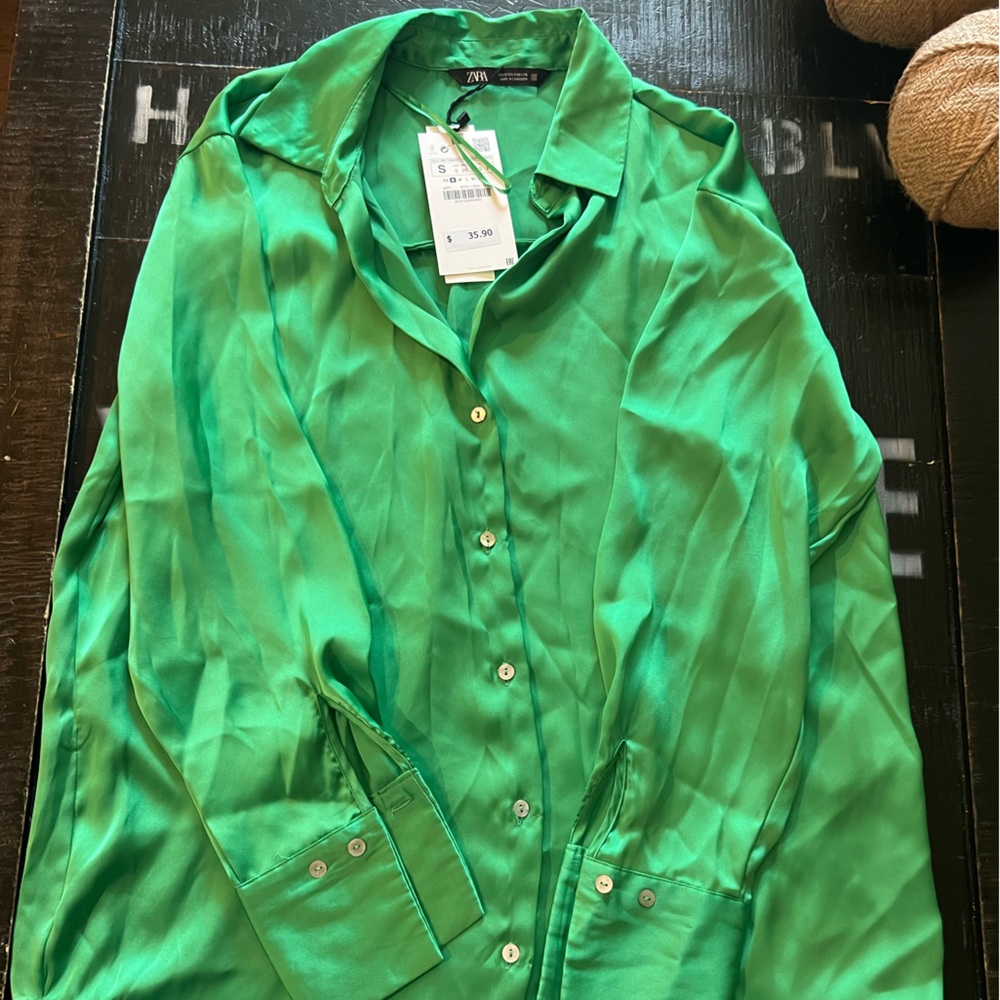 Zara Green Silk Long Sleeved Top
